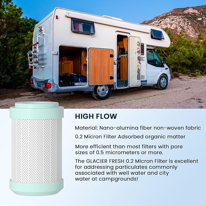 GLACIER FRESH Replacement cartridges for RV Water Filter System, 0.2 Micron High Flow Filter, Sediment “Longevity” by GLACIER FRESH, and Granular Activated Carbon “Tasty”.…