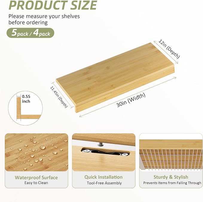 Wire Shelf Covers, Bamboo Wire Rack Covers for Pantry, Closet，Kitchen (4pcs, 30" W x 12" D, Natural) - Image 2