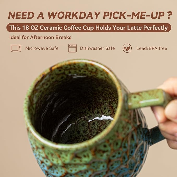 18oz Unique Kiln-Change Ceramic Coffee Mug, Handcrafted Hammered Texture Ceramic Mug with Ergonomic Handle, Microwave & Dishwasher Safe, Gift for Coffee Lovers, Home Office Daily Use (Green & Blue) - Image 5