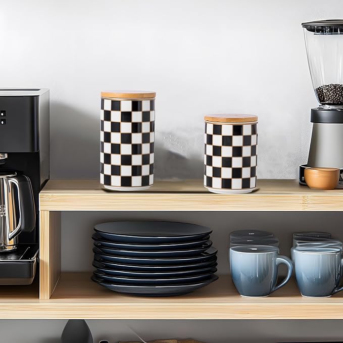 Kitchen Countertop Ceramic Checkered Canisters,Black And White Food Storage Containers With Lid,Airtight Kitchen Canisters for Flour, Sugar, Coffee, Tea, and Dry Goods (Black, Small) - Image 9