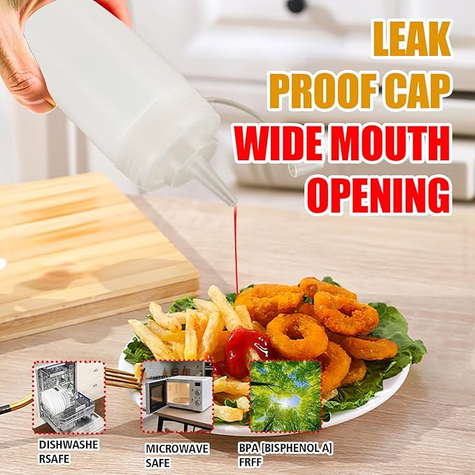 Squeeze Bottles for Sauces,Leak-Proof Condiment Dispenser, BPA-Free Kitchen Restaurant Squeeze Bottle Set with Wide Mouth for Ketchup, Mustard,Syrup,Dressings (White, 2Pack-24oz(600ml))