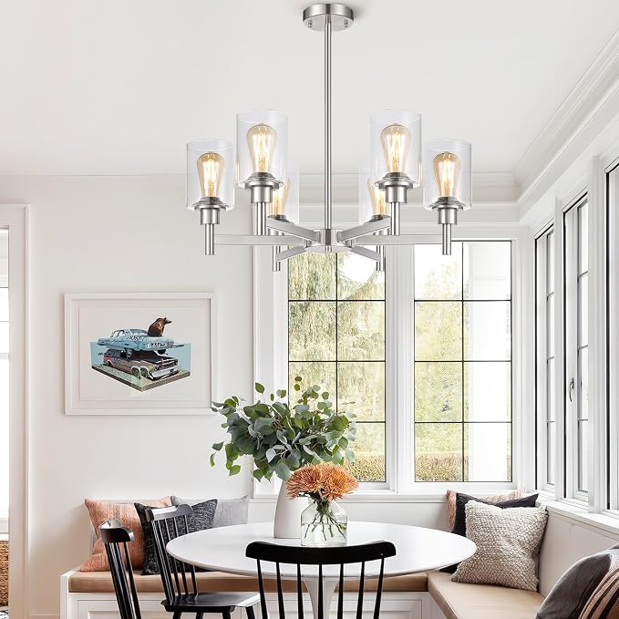 Brushed Nickel Chandeliers, 6 Light Farmhouse Chandelier for Dining Room Light Fixtures Over Table, Hanging Light Fixture with Clear Glass Shade for Kitchen Island Living Room, Height Adjustable - Image 6