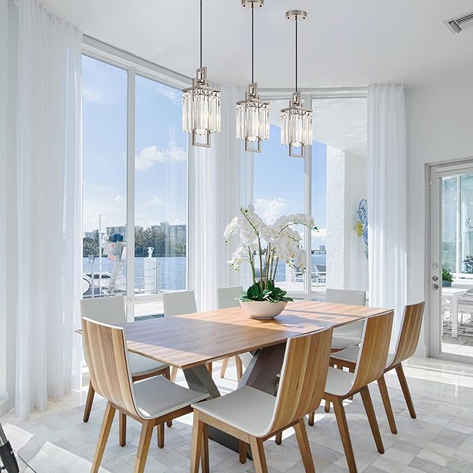 Modern Brushed Nickel Pendant Light Fixture for Kitchen Island and Dining Room, Industrial Small Hanging Crystal Chandelier Light Fixture for Bedroom Entryway Living room Foyer Hallway 3-Pack - Image 7