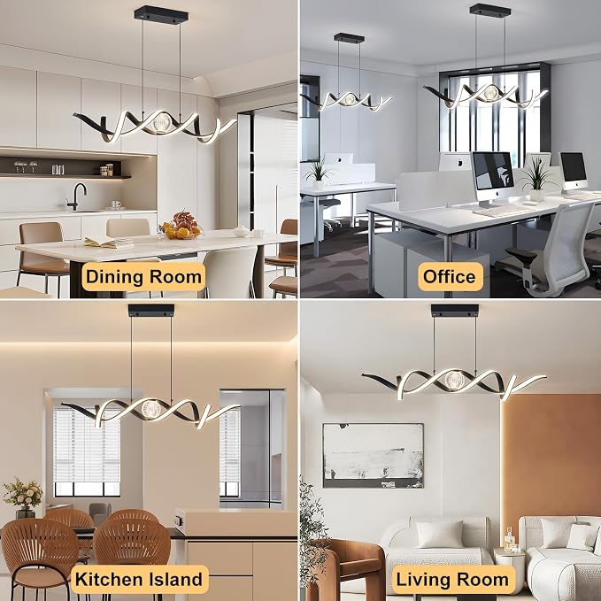 ORANOOR Modern LED Pendant Lights, Dimmable 39in Spiral Wave LED Chandelier | Linear Swivel Black Dining Room Hanging Lighting Fixtures, Kitchen Island Pendant Light Chandelier for Dining Table (2340lm) - Image 6