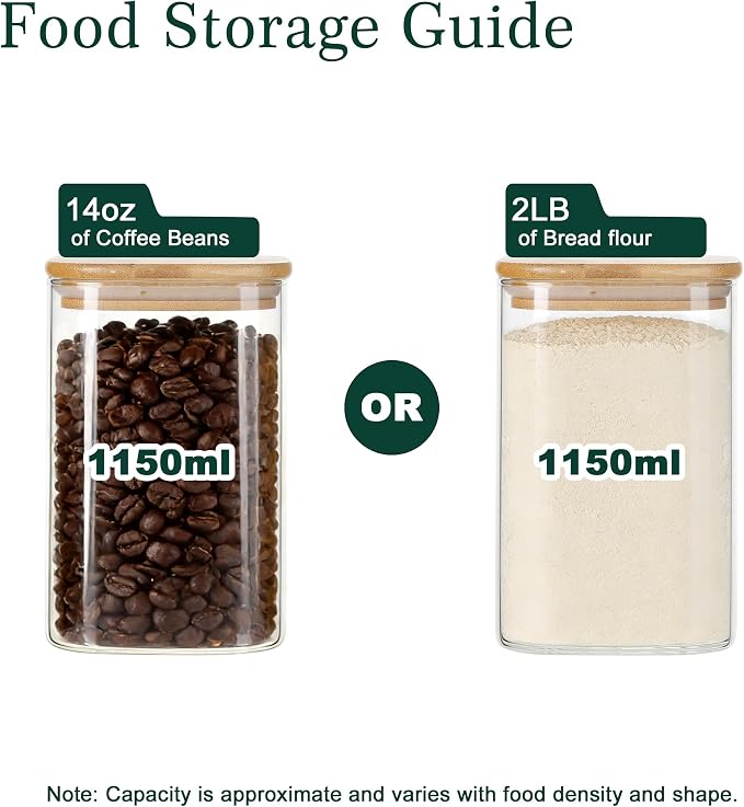 LIBWYS Kitchen Glass Jars Set with Bamboo Lids for Storage (1pcs - 1.22Qt) | Stackable Square Food Jars for Pantry Organization, Coffee, Flour, Snacks, Tea , Sugar | Kitchen Canisters Set - Image 4