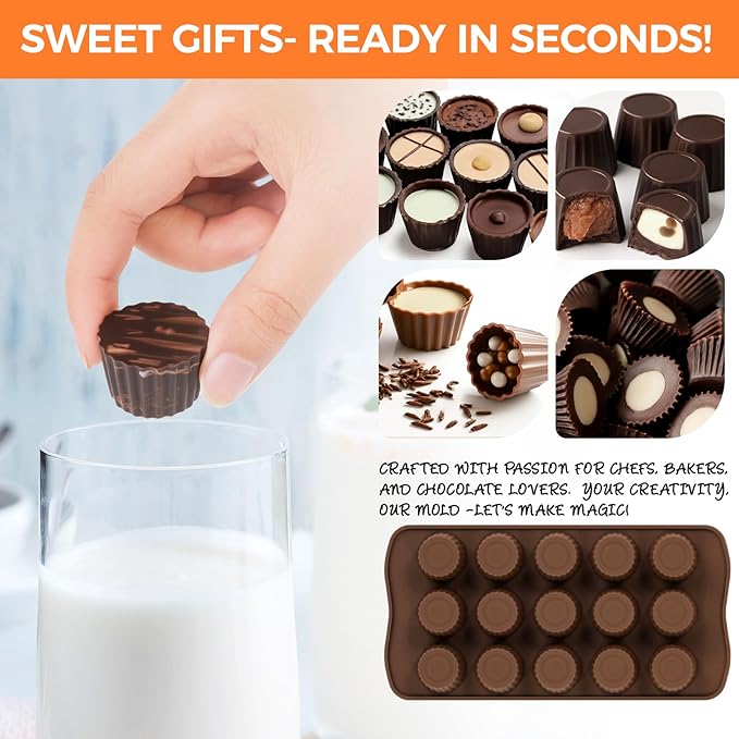 Mini Peanut Butter Cup Mold, 15 Cavity Chocolate Candy Molds, Silicone Baking Mold for Snack Size Mini Peanut Butter Cup, Jelly, and Cordial, Pack of 2