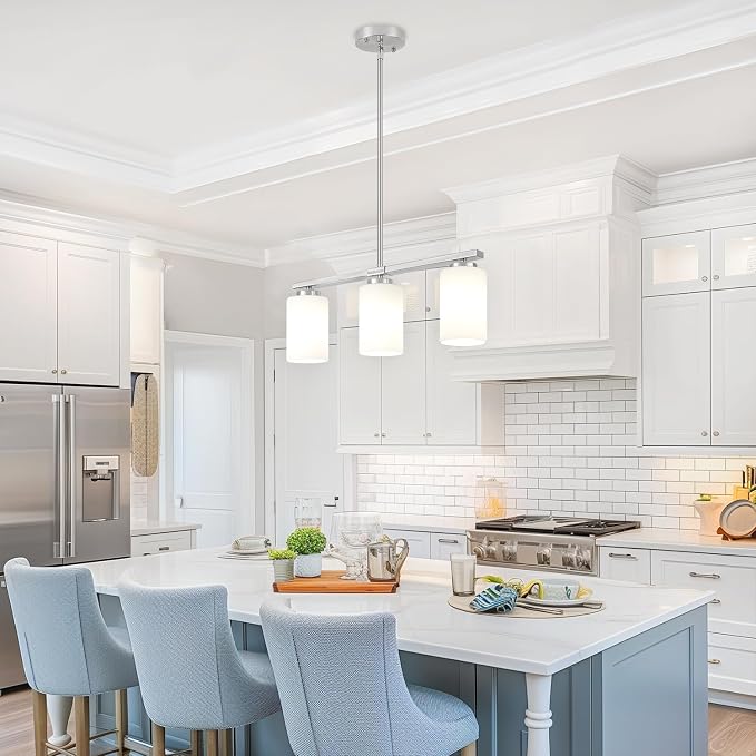Brushed Nickel Kitchen Island Lighting Modern Dining Room Light Fixtures | 3-Light Linear Chandelier Over Table, 21.25'' Island Lights for Kitchen White Frosted Glass Shades, Adjustable Height - Image 3