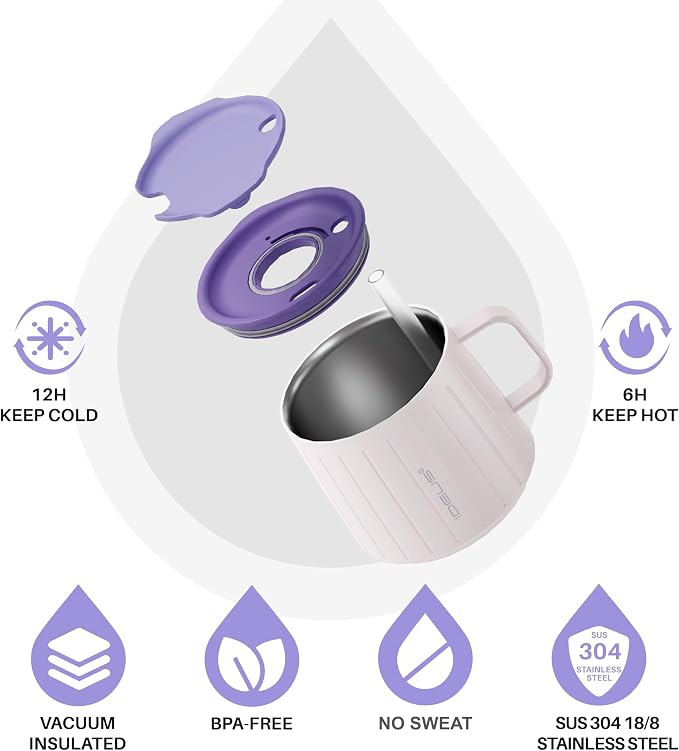 Ideus 14 oz Insulated Coffee Mug with Handle and Lid, Double Wall Stainless Steel Vacuum Thermal Coffee Mug, Travel Coffee Cup for Home and Office, Violet - Image 2