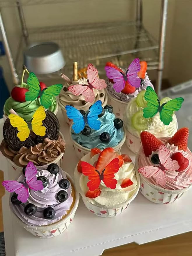 Edible Cherry Blossom Cupcake Toppers – Wafer Paper Flower Cakes Cupcakes Decorations Colorful Edible Flowers for Baby Shower Kids Birthday Spring Party Celebration Supplies (Butterflies B) - Image 3