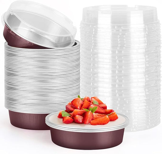 Beasea Disposable Mini Pie Tins With Lids, 4 Inch 50 Pack Disposable Mini Pie Pans, 8 Oz Aluminum Foil Coffee Brown Tart Pans Round Oven Baking Small Cake Tin for Cheesecake Fruit Tart Quiche by Beasea