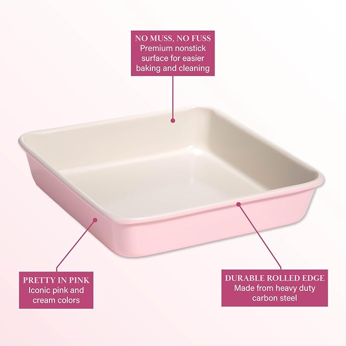 Paris Hilton Nonstick Carbon Steel Bakeware Collection, 9-Inch Square Cake Pan, Dishwasher Safe, Made without PFOA and PFAS, Pink Cream Two-Tone - Image 5