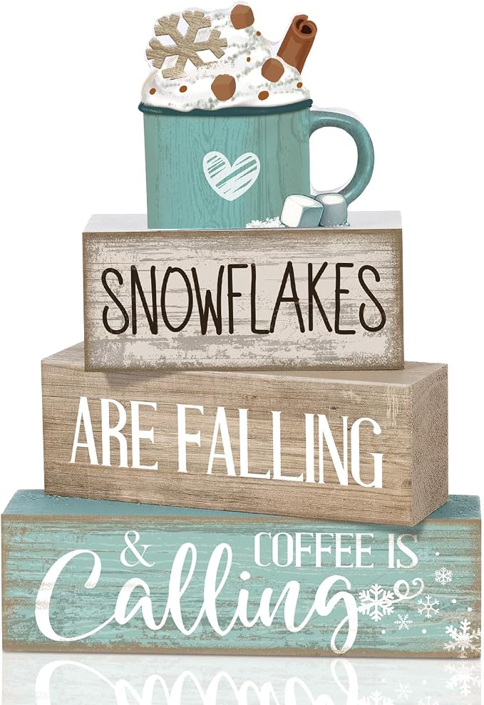Moucuny 4 Pcs Winter Table Decor Wooden Milk Cocoa Decoration Winter Tiered Tray Centerpiece Decorative Blue Hot Cocoa Block Signs Gift Farmhouse Decoration for Home Kitchen by Moucuny