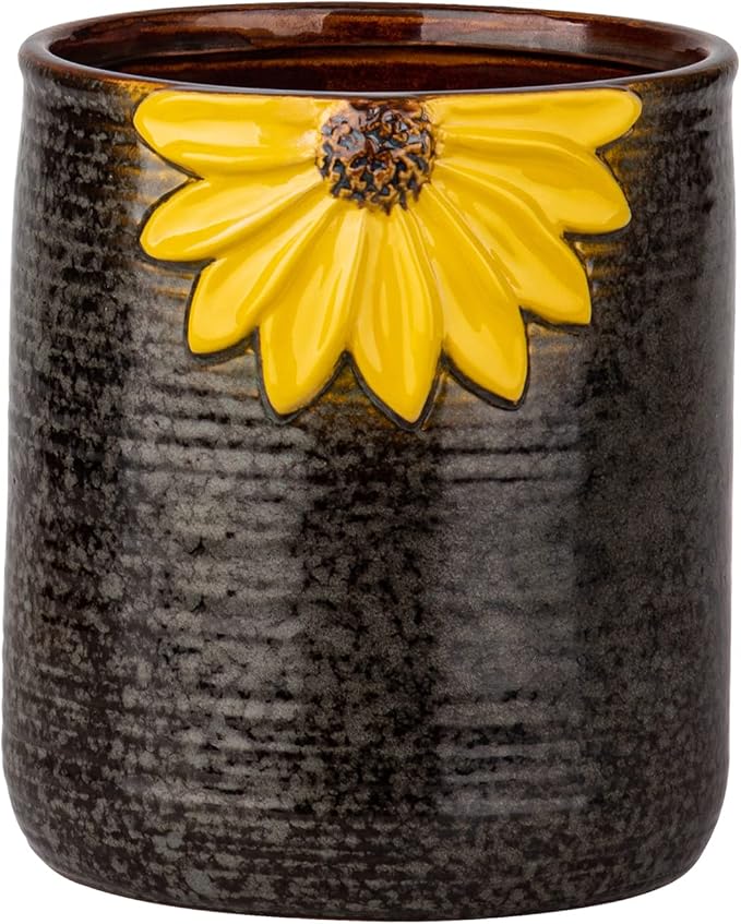 Ceramic Utensil Holder Sunflower Kitchen Utensil Crock Flower Vase Decor | Reactive glaze ceramic utensil holder countertop farmhouse with 3D yellow sunflower relief, cork base, ribbed anti-slip grip. by GABROC