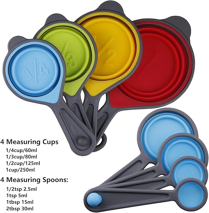 Measuring Cups and Spoons Set, Collapsible Silicone Measuring Cups and Spoons, 8 pieces Food Grade Silicone Measurement Cup for Liquid & Dry Measuring Baking & Travel Measuring Cup, Space Save