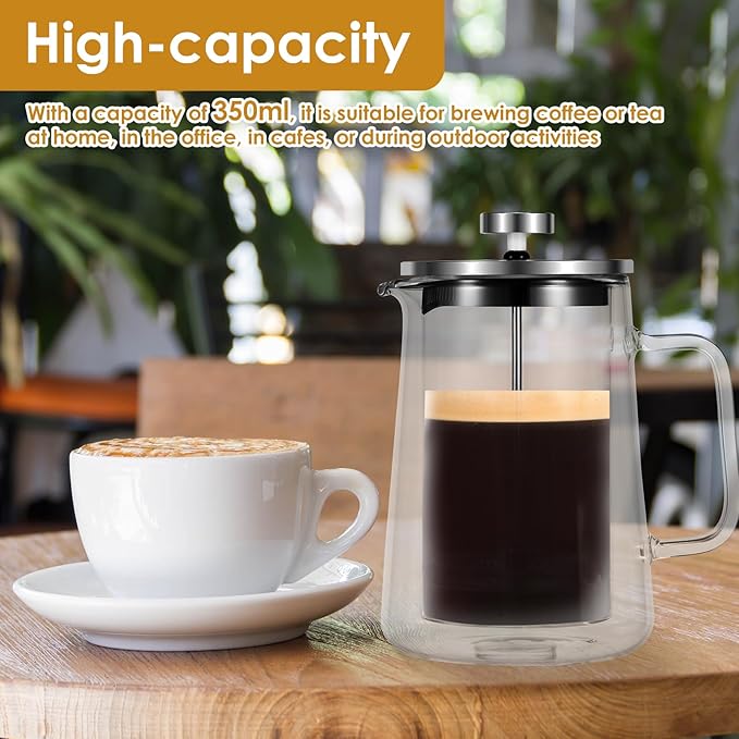 350/650/1000ml French Press Coffee Maker, Double Wall Glass French Press, Clear French Press Tea Maker, Multifunctional Coffee Press Coffee Maker for Home Office (350ML)