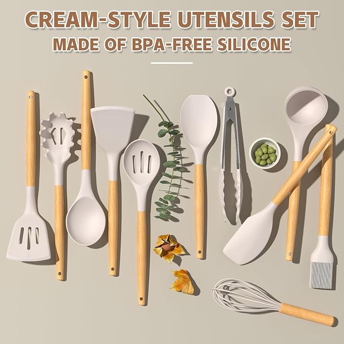 Umite Chef Kitchen Cooking Utensils Set, 33 pcs Non-Stick Silicone Cooking Kitchen Utensils Spatula Set with Holder, Wooden Handle Silicone Kitchen Gadgets Utensil Set (Khaki) - Image 4