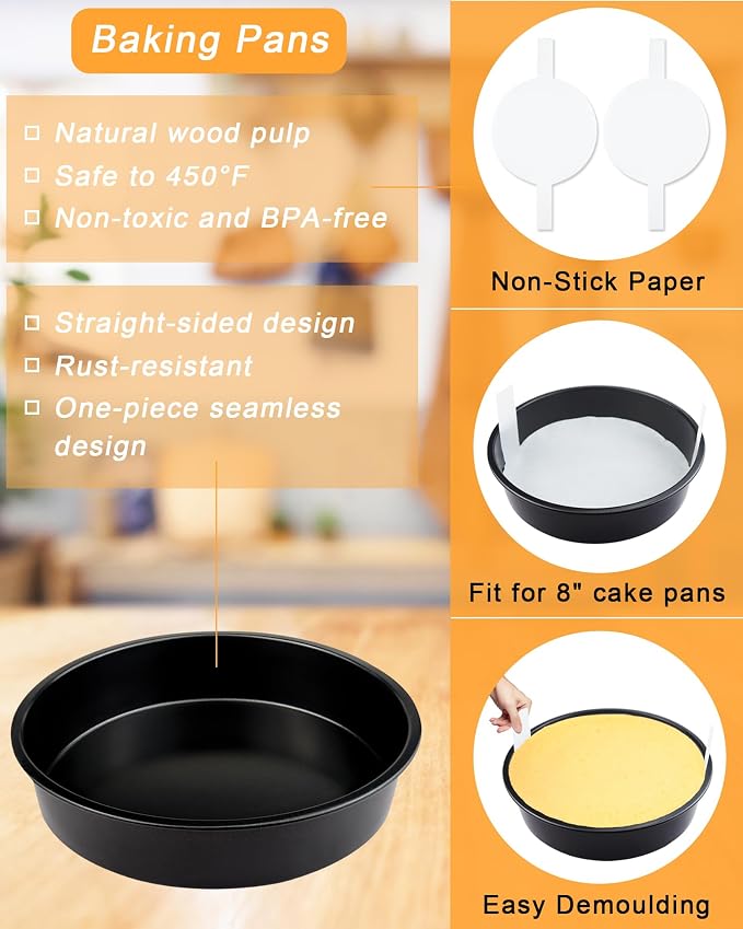 8" Round Cake Pan Set (3-Pack) with100 Parchment Papers,Non-Stick Layer Pan | Heavy-duty carbon steel delivers 450°F even heating, flawless release, and effortless warm-water cleanup - Image 3