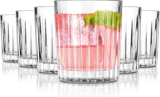 Royalrose Premium VertiLine 10 oz Whiskey Glasses Set of 6 (Short glasses) | Lowball Glasses Set. Lead-Free Crystal Drinking Glasses. Water Glasses, Mojito Glass Cups, and Mixed Drink Cocktail Glass Set by RoyalroseLLC
