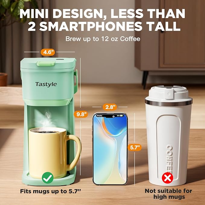Tastyle Mini Single Serve Coffee Maker for K Cups and Grounds with Handle | for Travel, Camping, Office, RV and Dorm, Portable Handle, 120V, 6 to 12 Oz Brew Size, BPA Free, K302, Oasis - Image 4