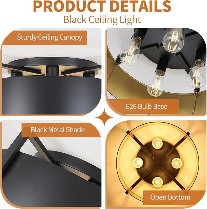 20'' Black Semi Flush Mount Ceiling Light, Modern Farmhouse Hallway Entryway Light Fixtures, 4-Light Rustic Foyer Lighting Fixtures Ceiling Lights for Kitchen Island Bedroom Dining Room - Image 5