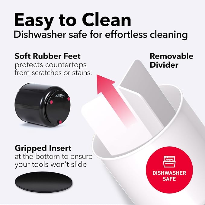 Cooler Kitchen Jumbo XL Rotating White Plastic Utensil Holder Caddy with Sturdy No-Tip Weighted Base, Removable Divider, and Gripped Insert - Dishwasher Safe Kitchen Utensil Holder for Countertop - Image 3