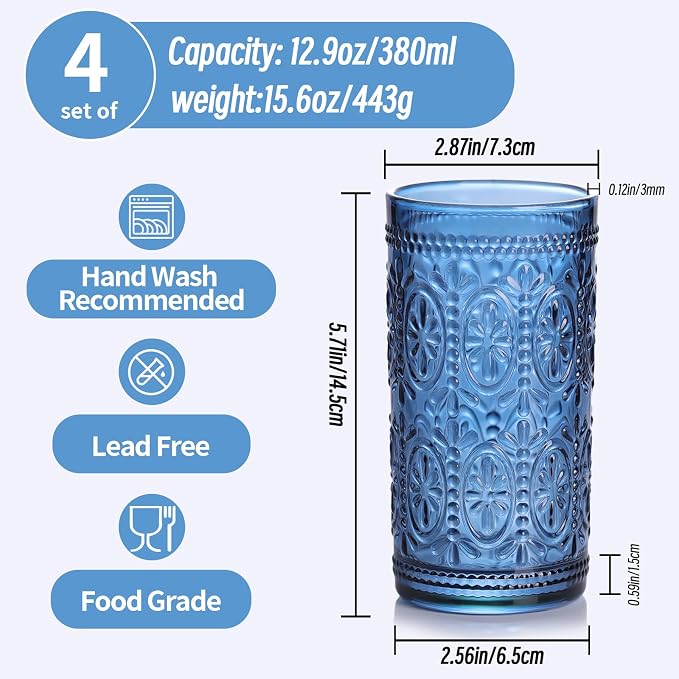 abrwyy Blue Drinking Glasses, Vintage Glassware, 12oz Highball Glasses | Lead-Free Glass, Thick&Durable Glass, Home Decoration, Food Grade Glass - Image 5