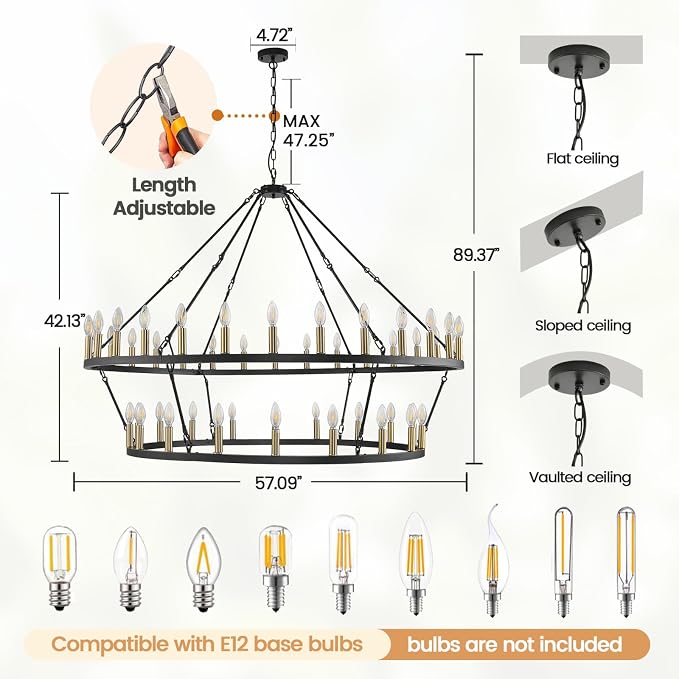 WJShome 55 Inch Farmhouse Wagon Wheel Chandelier - 2 Tier 48-Light Rustic Black and Gold Chandeliers, for Living Room, Entryway and Staircase - Image 2