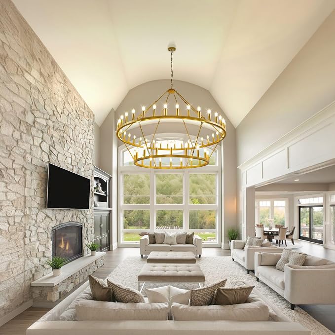 60 Inch Gold Wagon Wheel Chandelier,2 Tier 54-Lights Farmhouse Chandelier for Living Room,Round Rustic Dining Room Light Fixture,Extra Large Foyer Chandeliers for High Ceilings,for Staircase,Entryway - Image 8