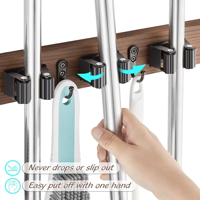 OUTNILI Mop and Broom Holder Wall Mount - Wood Broom Mop Hanger - Wall Mounted Garden Tool Rack Organizer for Closet Garage Laundry Room, Rustic Kitchen Decor With 4 Slots & 4 Hooks - Image 2