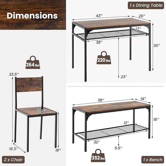 Giantex Dining Table Set for 4, Kitchen Table with Chairs & Bench, Storage Racks, Metal Frame, 4-Piece Space-Saving Dinette Set for Dining Room, Breakfast Nook, Small Space, Apartment,Rustic Brown - Image 7