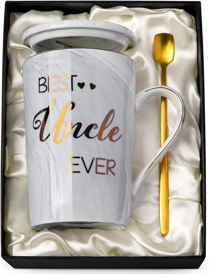 Best Uncle Birthday Gifts from Nephew Niece, Uncles Valentines Gift, Fathers Day Announcement Presents - 14oz Grey Marble Ceramic Gold Print Uncle Mug, with Lid, Spoon, Greeting Card, Nice Gift Boxed by ALBISS