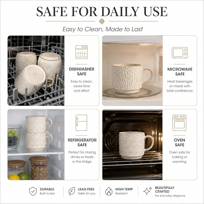 6 Oz Coffee Cups Set of 4, Espresso Cups with Stand, Stackable Cappuccino Mugs Set, Embossed Coffee Cup for Latte, Tea, Cocoa, Mocha, Housewarming Present, Dishwasher Safe - Image 3