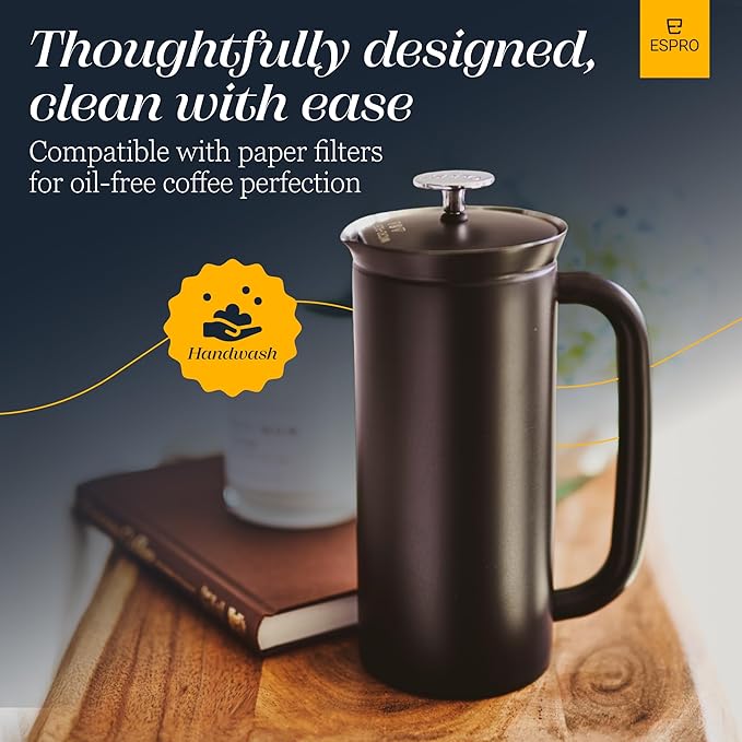 ESPRO P7 French Press Stainless Steel 304 – Patented Double Walled Micro-Filter Insulated French Press Coffee Maker, Grit-Free Brew - Heat Resistant BPA Free Coffee Maker - Matte Black(18oz)