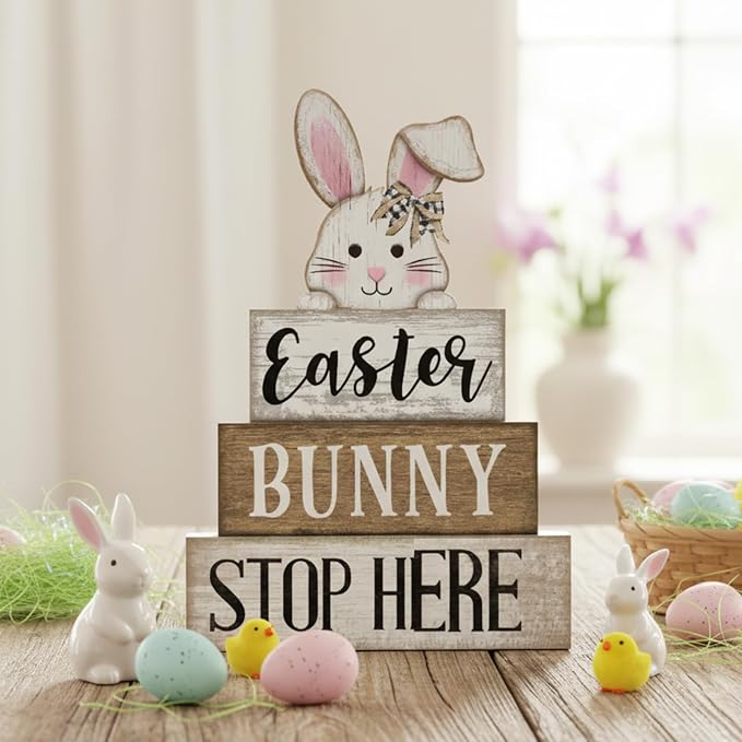 Moucuny 4 Pcs Easter Bunny Table Decoration Stacked Wooden Bunny Block Decor 3-tier Tabletop Sign with 3D Rabbit, Rustic Farmhouse Easter Decorations for Home Egg Hunt Party Centerpiece Gift - Image 7