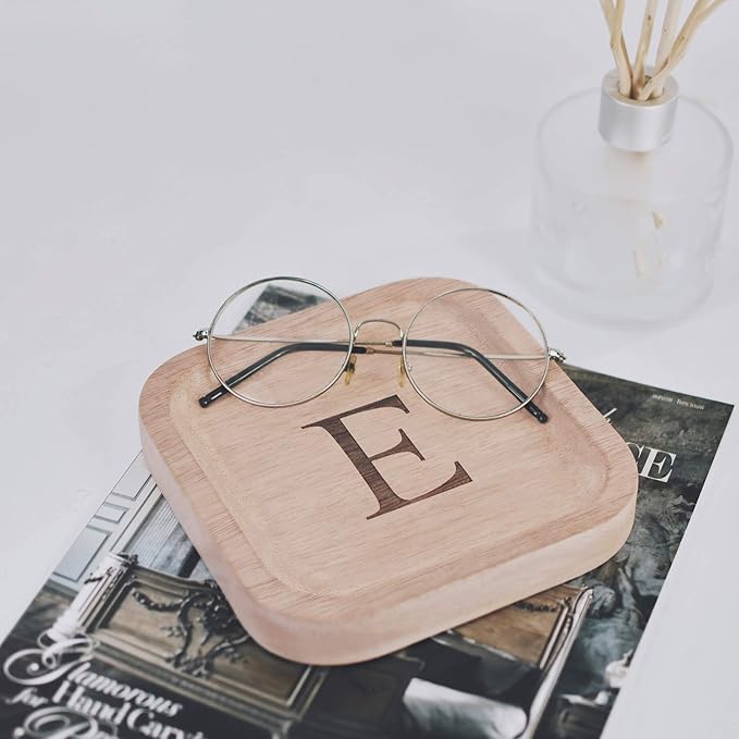 I'm Wooden Personalized Letter Catchall Valet Tray Trinket Dish Jewelry Tray Key Bowl Decorative Plate Organizing Ring Earrings Necklaces Bracelet Watch Coins Wallet Holder (6"x6" Sq Natural E)