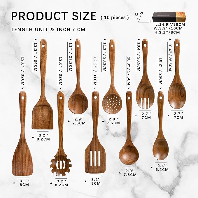 Wooden Spoons for Cooking, 10-Piece Acacia Wood Cooking Utensil Set | Spoons and spatulas stir, mix, flip and serve; balanced handles offer control while staying gentle on nonstick cookware. - Image 2