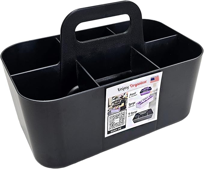 2 Pack Small 6 Compartment Multiuse Caddy Organizer with Handle Art Craft Supplies, Office, Desk, Stationery Pen Holder Stackable- Made In USA (Black)