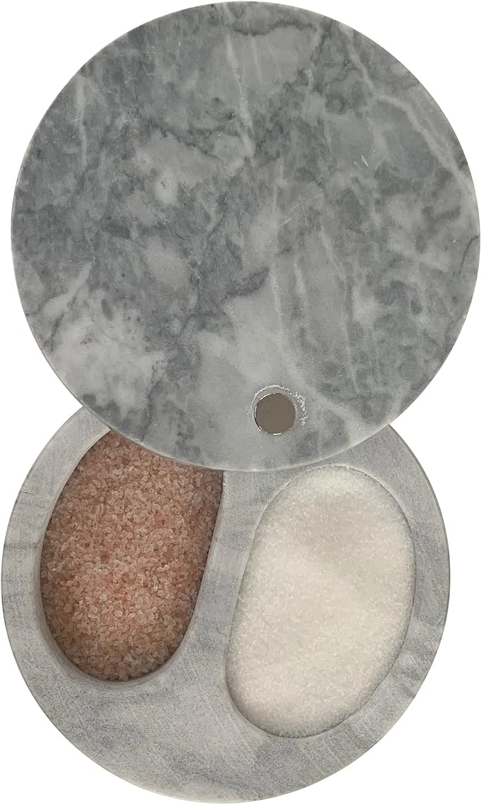 Fox Run White Marble Double Salt Cellar, 4” x 4” x 2.5” | Store Herbs, Spices Jewlery & More | Beautiful White Marble Salt Holder With Lid | Two Compartments For Easy Storage by foxrunbrands