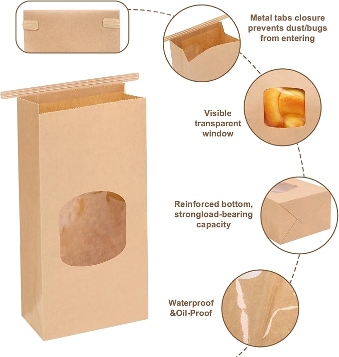 Moretoes 100pcs Medium Bakery Cookie Bags with Window, 4.5x2.36x9.6In | Brown Kraft Paper Cookie Bags with Seal, Seal by Tin Tie Tab, for Cookie Coffee Bread Pastry Bakery Gift Giving Packing - Image 3