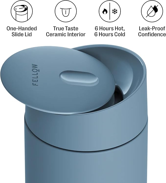 Fellow Carter Slide Ceramic Lined Travel Coffee Mug 12 oz, One-Handed Lid | No Metallic Taste Stainless Steel Coffee Tumbler, Leak-Proof, Hot 6Hr Cold 6Hr, BPA-Free, Dishwasher Safe, Hazy Blue - Image 2