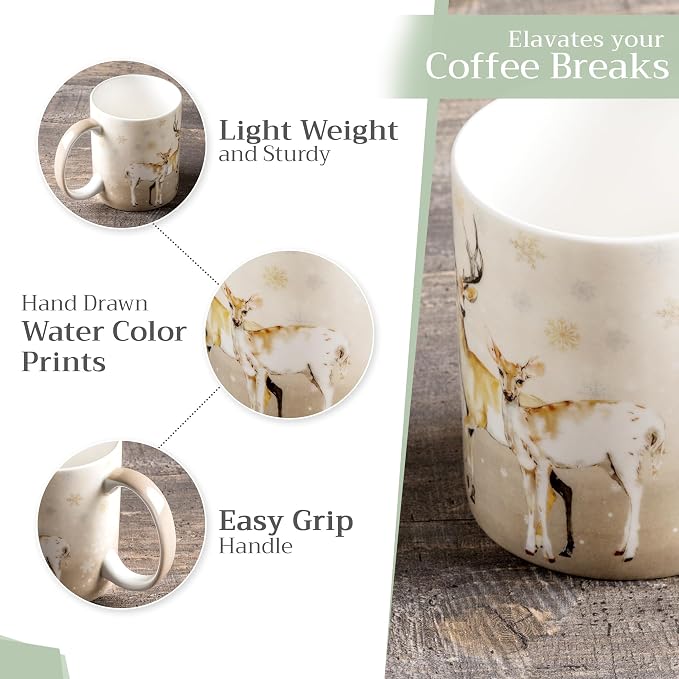 Maison d' Hermine Coffee Mug with Handles Tea Cups (12 Ounce, Pack of 2) | Fine Bone China Coffee Mugs for Hot Beverages Cappuccino Latte Home Restaurant Hotel Spring Summer -Deer In The Woods - Image 5