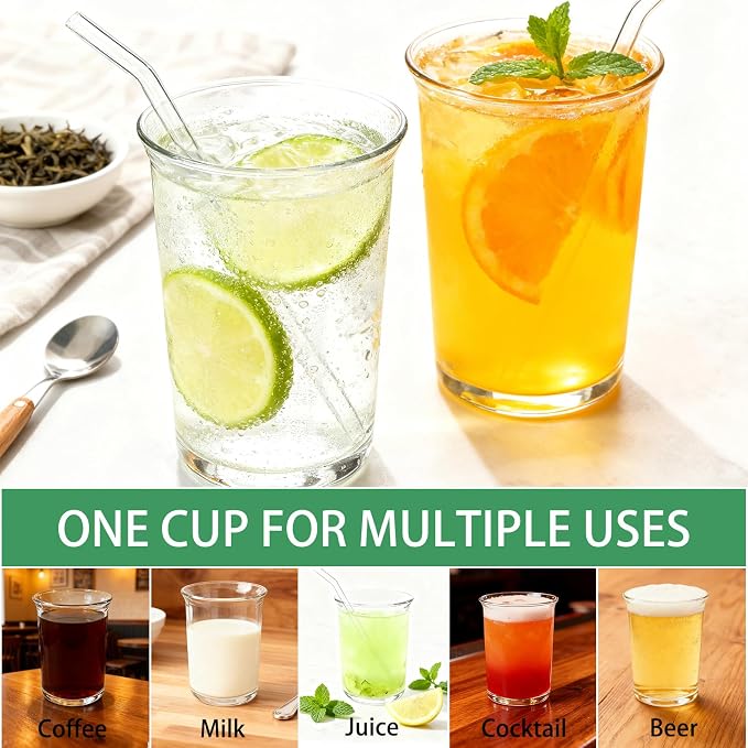Cheardia 6 Pack Drinking Glasses, 16 OZ Clear Highball Glasses with Glass Straws, Crystal Versatile Glassware Set for Juice Coffee Cocktail Home Restaurant Party, Dishwasher Safe, Lead-Free - Image 6