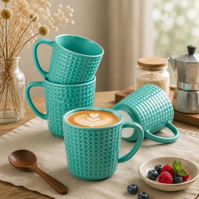 15 oz Ceramic Coffee Mugs Set of 4, Waffle Embossed Coffee Mug, Turquoise | Coffee Cups with Handle for Latte Cappuccino Tea Stoneware Mugs Set Housewarming Wedding Gift, Microwave & Dishwasher Safe - Image 3