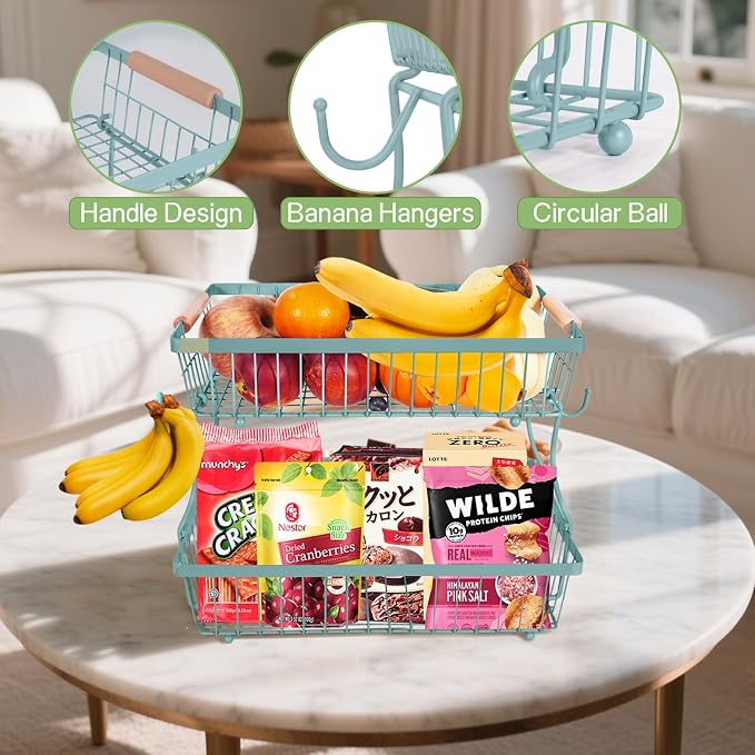 Fruit Basket Bowl 2 Tier Detachable with 2 Banana Hangers, Fruit Stand Holder for Kitchen Countertop, Metal Wire Vegetable Storage Organizer, for Bread Snack Veggies Produce, blue - Image 6