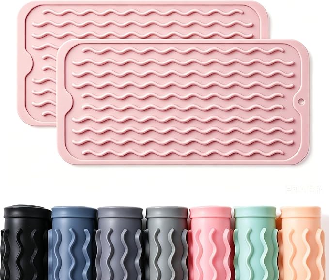 2 Pack Caketime Silicone Dish Drying Mat for Kitchen Counter Under Sink Storage Near Bathroom Faucet Heat Resistant Pad for Stove Top Placemats Soap Holder Stone Dryer Organizer 12"x6" Pink by CAKETIME