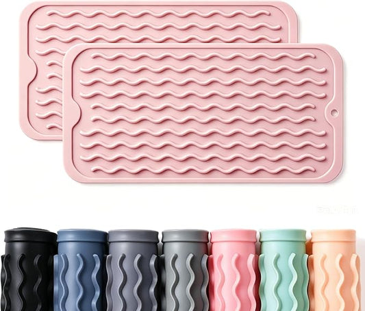 2 Pack Caketime Silicone Dish Drying Mat for Kitchen Counter Under Sink Storage Near Bathroom Faucet Heat Resistant Pad for Stove Top Placemats Soap Holder Stone Dryer Organizer 12"x6" Pink by CAKETIME