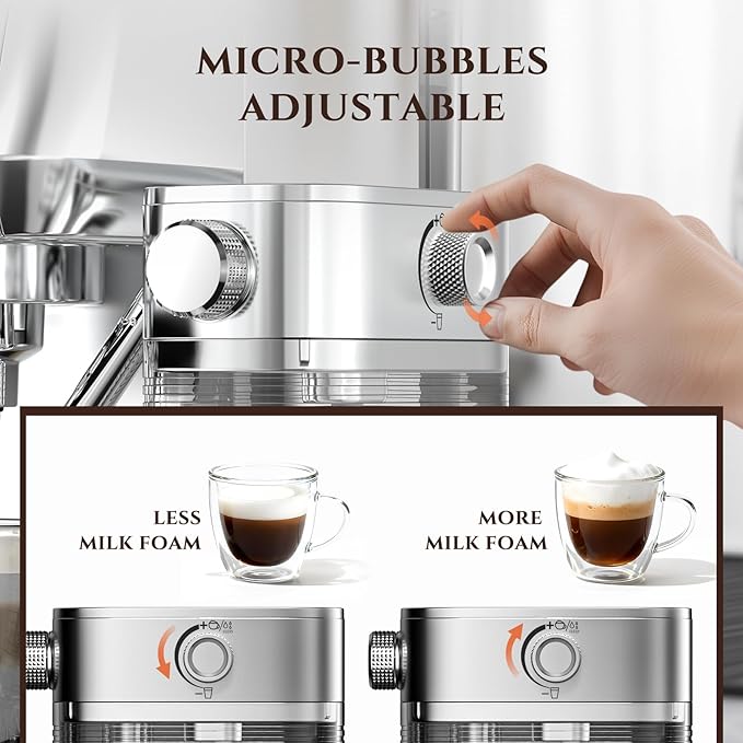 AMZCHEF Espresso Machine with LCD Display, 20 Bar Cappuccino Machines with Upgraded Automatic Milk Frother for Home Gifts, Latte Coffee Maker with Dual Wall & Filters, Sliver