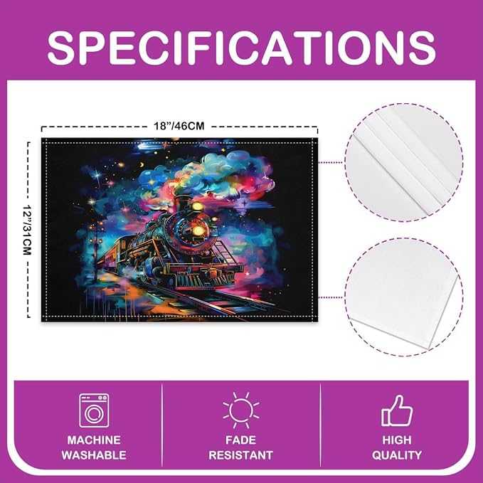 Feelyou Train Placemats Set of 4 12x18 Inch Colorful Steam Engine Table Mats for Party Kitchen Dining Decoration Holiday Seasonal Transportation Vehicle Place Mat for Dinner Indoor Outdoor Decor - Image 4