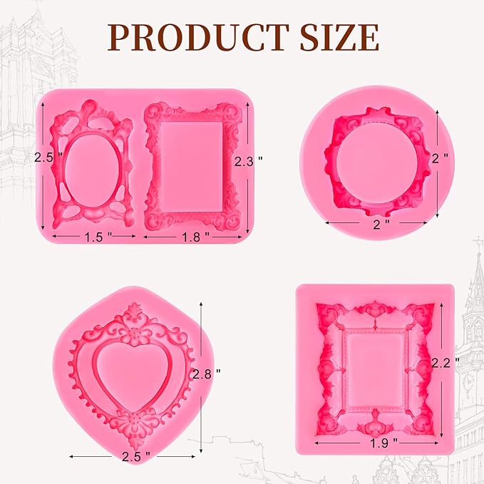 4 Pcs Photo Frame Silicone Molds, Baroque Style Picture Photo Frames Fondant Molds for Cupcake Topper, Chocolate, Candy, Donut Cake Puck Decoration and Clay Craft Making