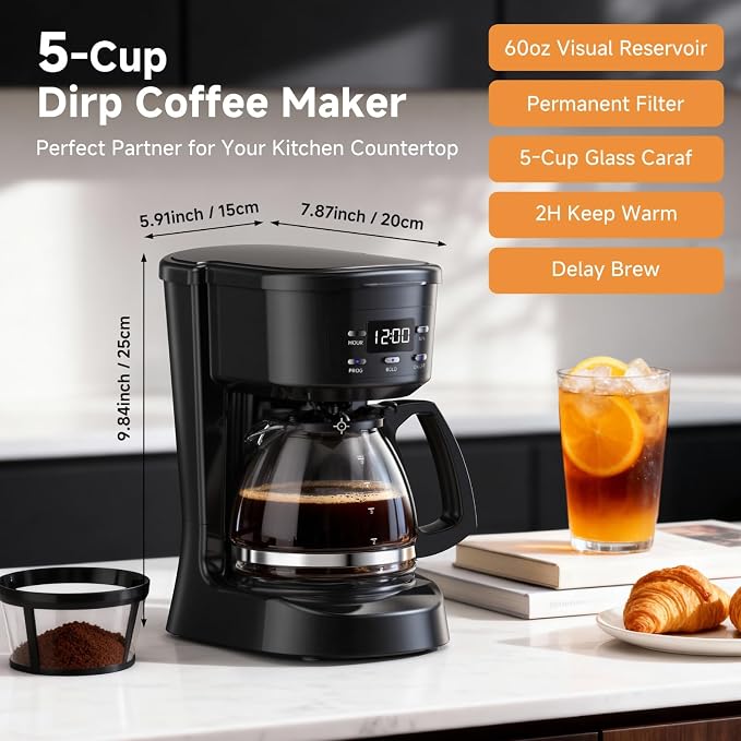 Coffee Maker, 5 Cup Programmable Drip Coffee Machine-Black | 20 Hours Timer, 2 Hours Keep Warm, Compatible with Ground&Tea Leaves,Portable Small Cafetera for Home Office Travel Camping - Image 2